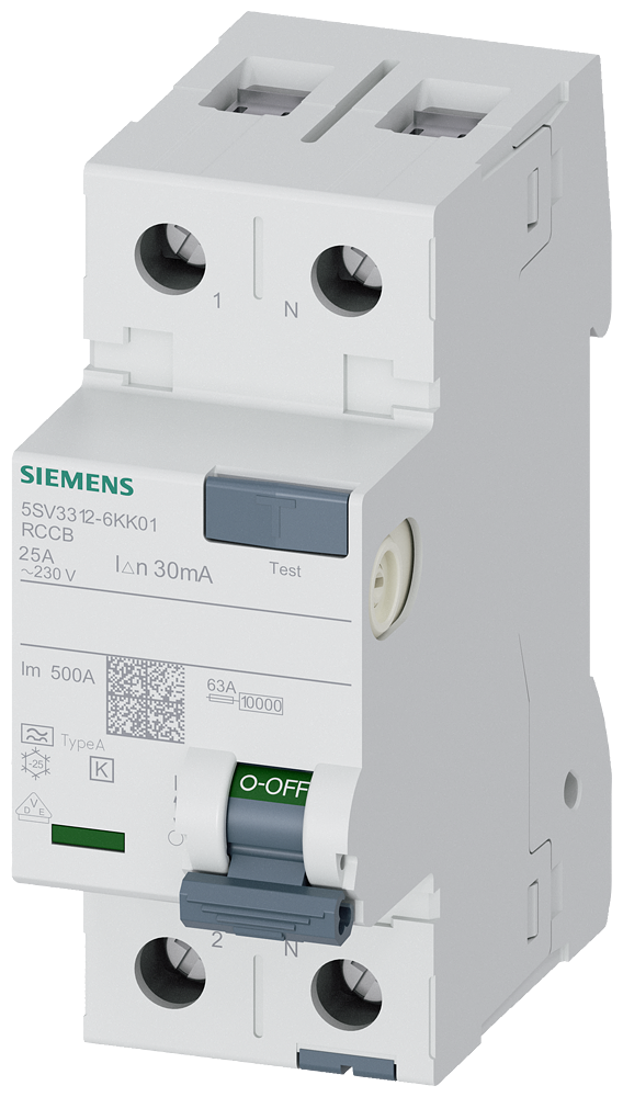 Disjuntor De Corrente De Fuga De 2 Polos Tipo A Com Pequeno Atraso In 25 A 30 Ma Un Ca 230 V Disjuntor De Corrente Residual Sentron 5SV3 Para A Proteção Abrangente De Pessoas E Valores Materiais Contra Choque Elétrico Os 5SV3312-6KK01 Siemens
