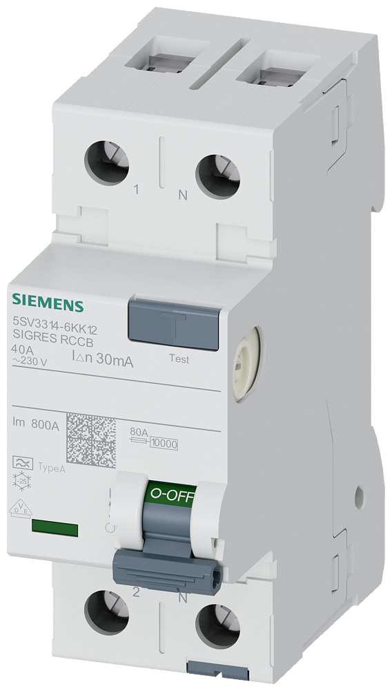 Disjuntor De Corrente De Fuga De 2 Polos Tipo A In 40 A 30 Ma Un Ca 230 V Sigres Condições Ambientais Difíceis Intervalo Do Teste Prolongado Disjuntor De Corrente Residual Sentron 5SV3 Para A Proteção Abrangente De Pessoas E 5SV3314-6KK12 Siemens