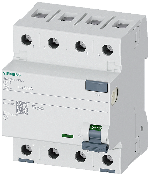 Disjuntor De Corrente De Fuga De 4 Polos Tipo A In 40 A 30 Ma Un Ca 400 V Sigres Condições Ambientais Difíceis Intervalo Do Teste Prolongado Disjuntor De Corrente Residual Sentron 5SV3 Para A Proteção Abrangente De Pessoas E 5SV3344-6KK12 Siemens