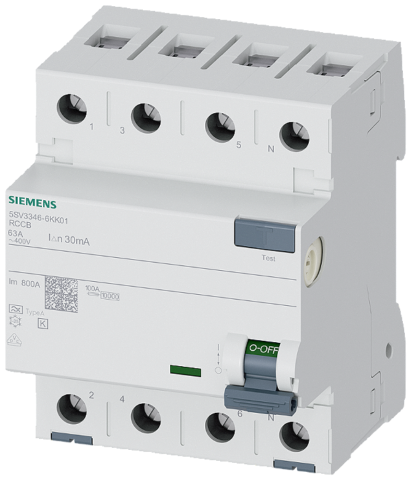 Disjuntor De Corrente De Fuga De 4 Polos Tipo A Com Pequeno Atraso In 63 A 30 Ma Un Ca 400 V Disjuntor De Corrente Residual Sentron 5SV3 Para A Proteção Abrangente De Pessoas E Valores Materiais Contra Choque Elétrico Os 5SV3346-6KK01 Siemens