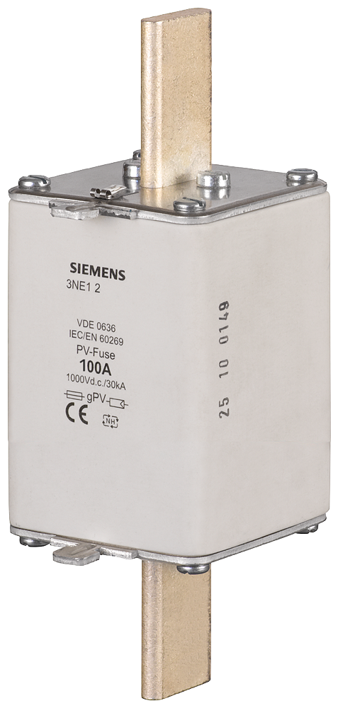 Elemento De Fusível Pv Com Contatos De Faca NH1 In 125 A Gpv Un Cc 1000 V Indicador Frontal Elemento Fusível Pv Sentron 3NE1 Para Os Requisitos Elevados Em Aplicações Fotovoltaicas Os Fusíveis Fotovoltaicos Foram Especialmente 3NE1222-4 Siemens