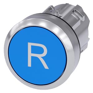 Botão 22 Mm Redondo Metal De Alto Brilho Azul Inscrição R Botão De Pressão Plano Tecla Com Retorno Botão De Pressão Sirius Act Para A Comutação E O Comando De Consumidores Elétricos Sob O Nome De Marca Sirius Act A Siemens 3SU1050-0AB50-0AR0 Siemens