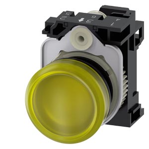 Indicador Luminoso 22 Mm Redonda Plástico Amarelo Lente Plano Com Suporte Módulo Led Com Led Integrado 230 V Ca Conexão De Mola Luz De Aviso Sirius Act Para A Sinalização De Estados De Comutação Ou Avarias Em Instalações 3SU1106-6AA30-3AA0 Siemens