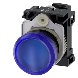 Indicador Luminoso 22 Mm Redonda Plástico Azul Lente Plano Com Suporte Módulo Led Com Led Integrado 230 V Ca Conexão De Mola Luz De Aviso Sirius Act Para A Sinalização De Estados De Comutação Ou Avarias Em Instalações Com 3SU1106-6AA50-3AA0 Siemens