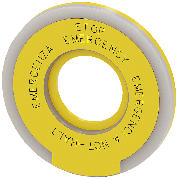 Arruela Aberta Redonda Para Botão De Pressão De Parada De Emergência Em Forma De Cogumelo Amarelo Iluminado Espessura 5 Mm Diâmetro Externo 60 Mm Diâmetro Interno De 23 Mm Com Inscrição Not-Halt 4 Idiomas De En It Sp Placa 3SU1901-0BD31-0NB0 Siemens