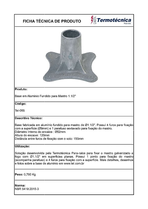 Base Em Aluminio P/ Mastro Diam. 1.1/2 Pol. Nominal Tel-065 Termotécnica