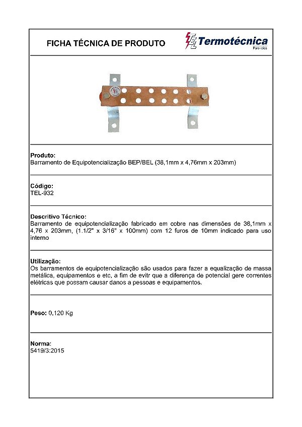 Bep/Bel 38,1 X 4,76 X 203Mm – 12Furos Diam 10Mm Tel-932 Termotécnica