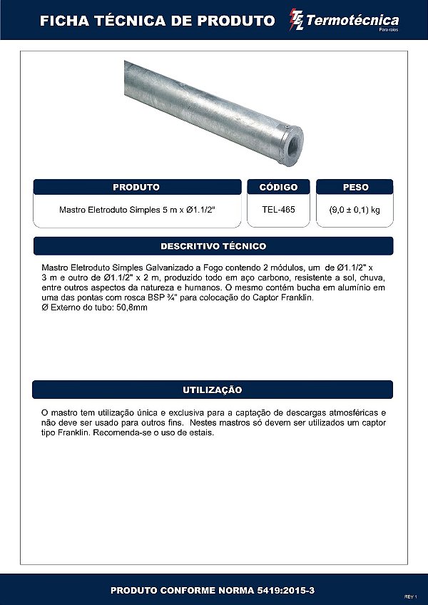 Mastro Eletr Simples Altura 5 Metros Diam. Nominal 1.1/2 Pol. Em Aco Galv. A Fogo Tel-465 Termotécnica