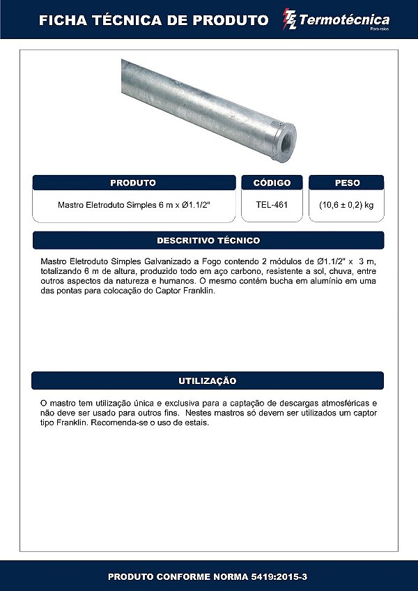 Mastro Eletr Simples Altura 6 Metros Diam. Nominal 1.1/2 Pol. Em Aco Galv. A Fogo Tel-461 Termotécnica