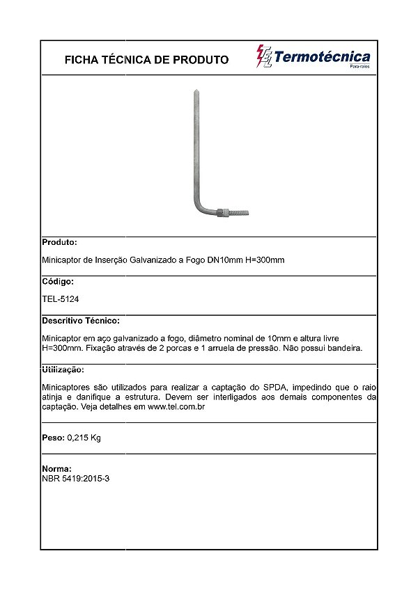 Minicaptor De Insercao Diam. Nominal 10Mm H=300Mm, Galv. A Fogo Tel-5124 Termotécnica