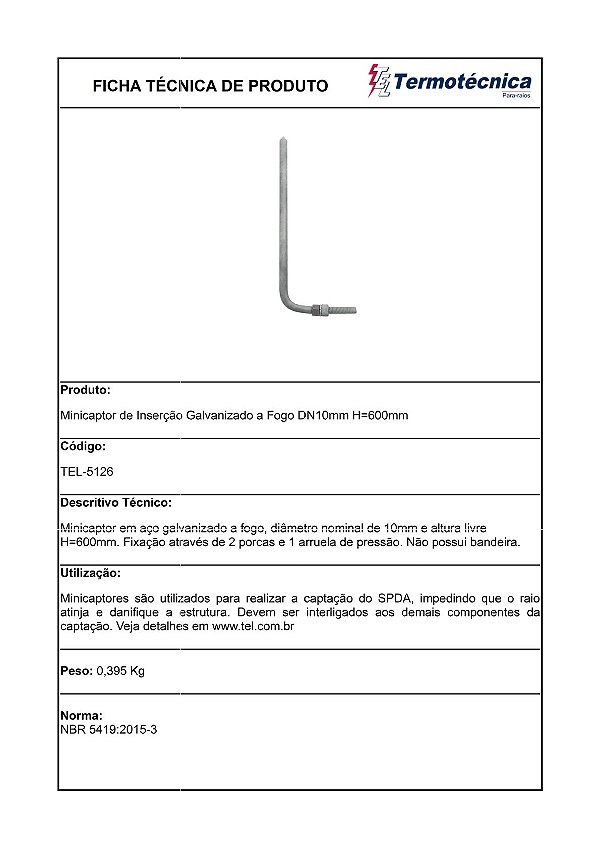 Minicaptor Insercao Dn10 H600 Tel-5126 Termotécnica