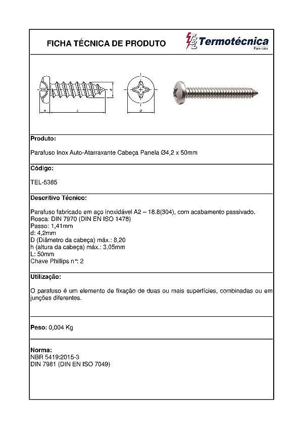 Paraf.Inox Auto Atpan 4,2X50Mm Phillips Tel-5385 Termotécnica