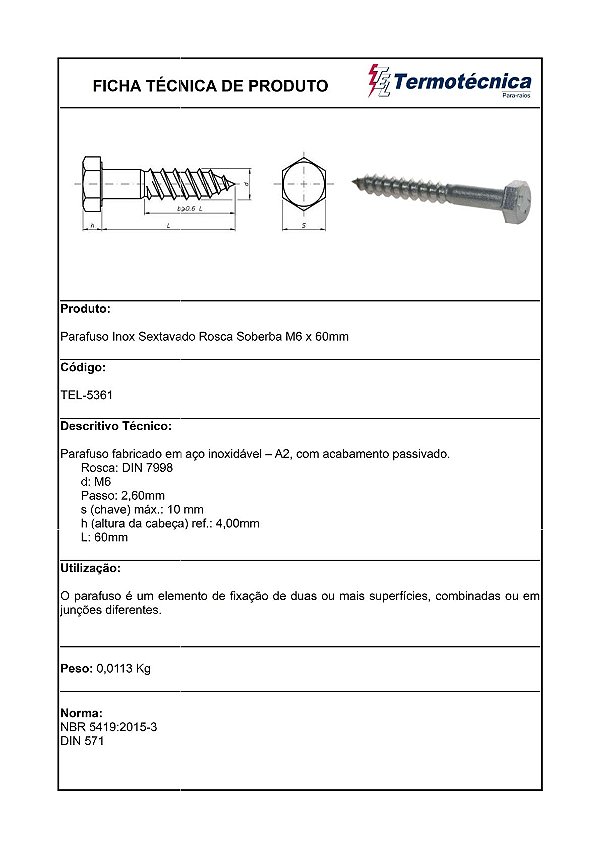 Paraf.Inox Sext Rsobm 6X60Mm . Tel-5361 Termotécnica