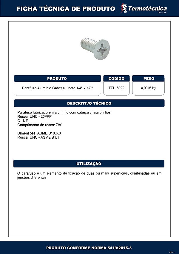Parafuso De Aluminio Cabeca Chata 1/4 X 7/8 F. Philips Tel-5322 Termotécnica