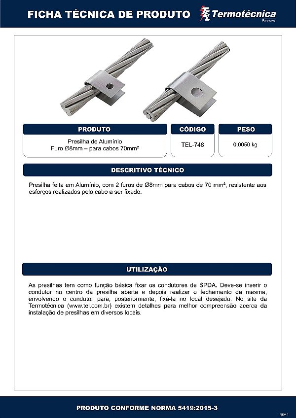 Presilha De Aluminio Furo 8Mm P/ Cabos De 70Mm2 Tel-748 Termotécnica