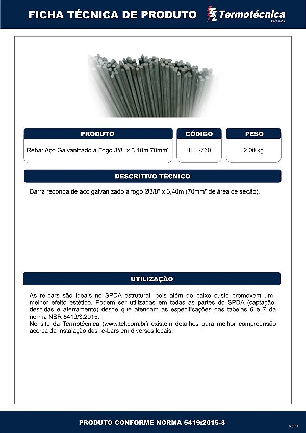 Rebar Aco Gf 3/8X3,40Mts 70Mm2 Tel-760 Termotécnica