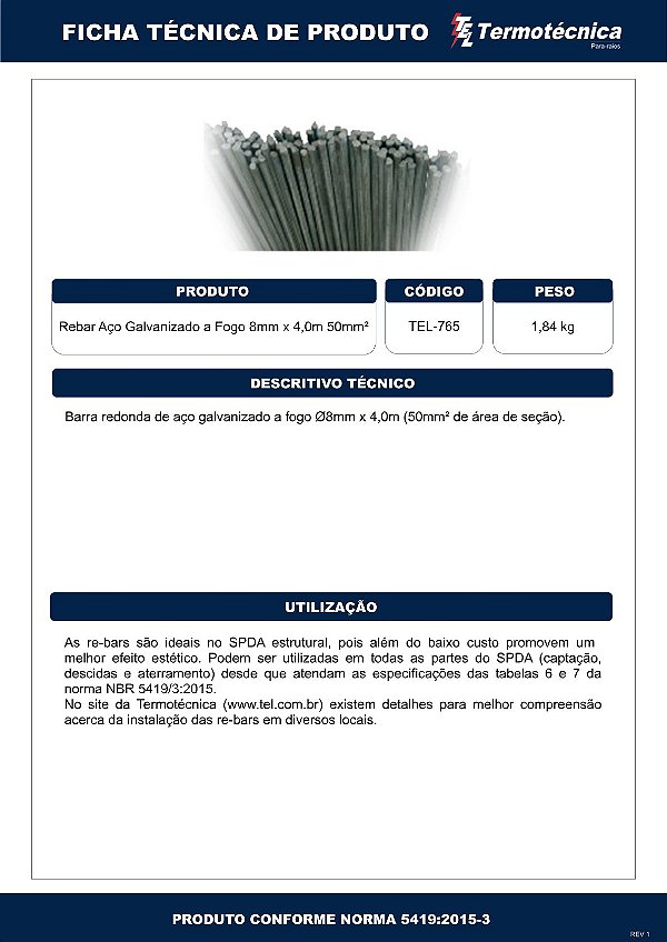 Rebar Aco Gf 8Mmx4,0Mts 50Mm2 Tel-765 Termotécnica