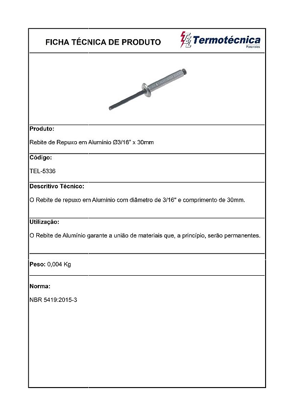 Rebite Aluminio Pop Diam. 3/16 X 30Mm Tel-5336 Termotécnica