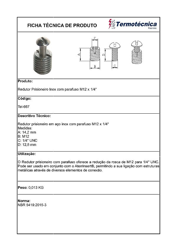 Redut Pr C/Pa M12 X 1/4P Tel-667 Termotécnica