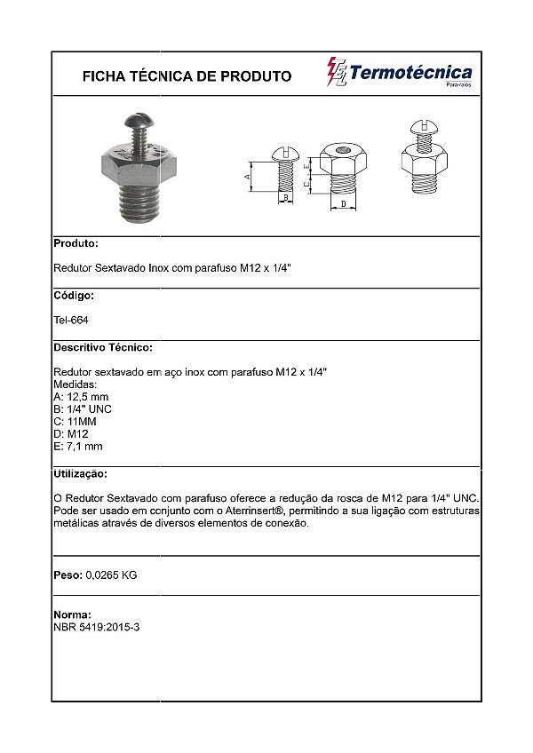 Redut Sx C/Pa M12 X 1/4P Tel-664 Termotécnica