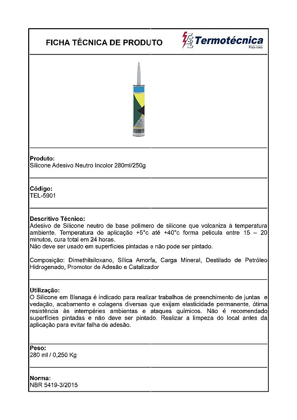 Silicone Neutro Bisnaga 250 Gramas Tel-5901 Termotécnica