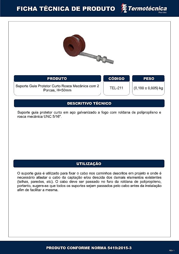 Suporte-Guia Curto H=50Mm Fixacao Rosca Mecanica Com 2 Porcas Tel-211 Termotécnica