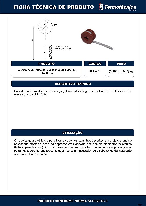 Suporte-Guia Curto H=50Mm Fixacao Rosca Soberba Tel-231 Termotécnica