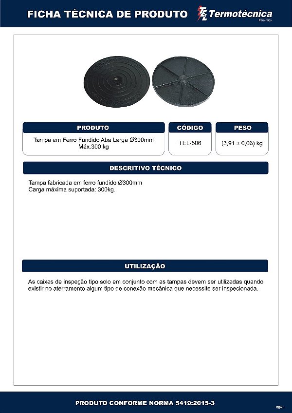 Tampa Ferro Fundido Abalarga Diam 300Mm Carga Max 300Kg Tel-506 Termotécnica