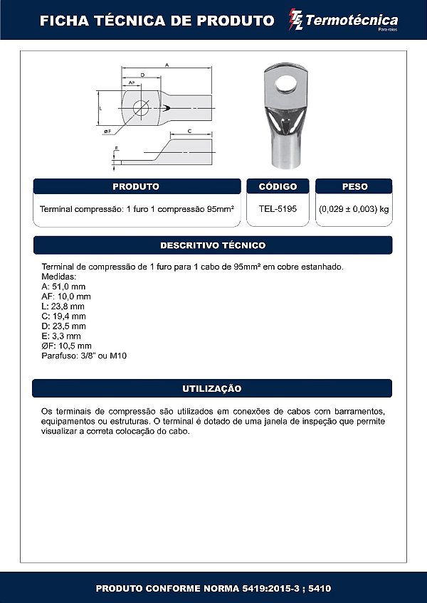 Terminal Estanhado 1 Furo 1 Compressao – 95Mm2 Tel-5195 Termotécnica