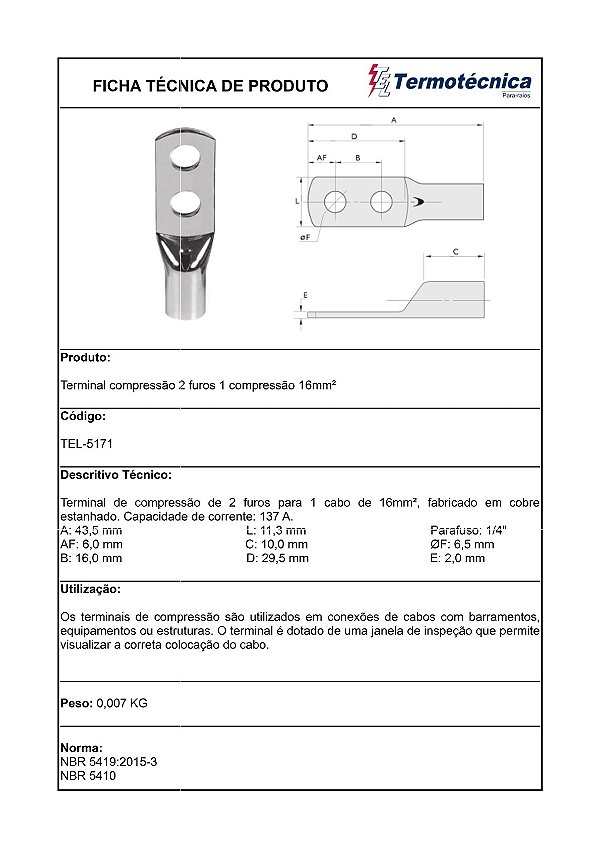 Terminal Estanhado 2 Furo 1 Compressao – 16Mm2 Tel-5171 Termotécnica