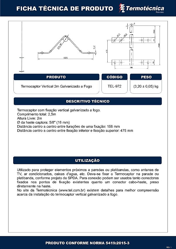 Termocaptor Vertical 2M Livres Galv. A Fogo Tel-972 Termotécnica