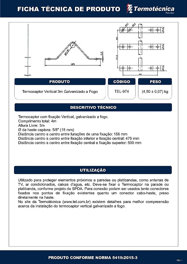 Termocaptor Vertical 3M Livres Galv. A Fogo Tel-974 Termotécnica