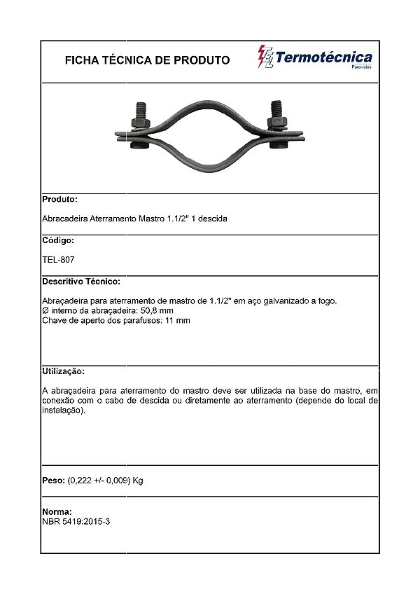 Abracadeira P/ Aterramento De Mastros 1.1/2 Pol Sem Conector Tel-807 Termotécnica