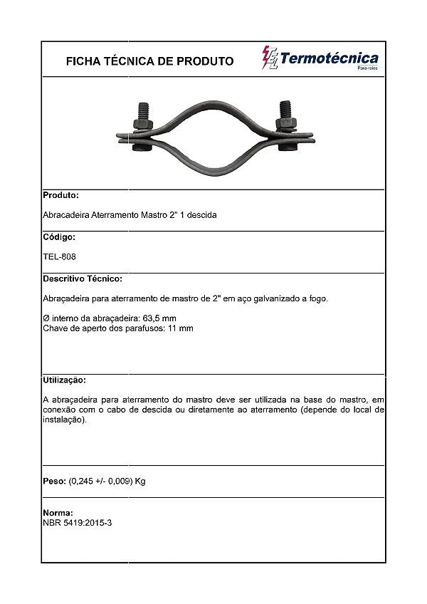 Abracadeira P/ Aterramento De Mastros 2 Pol Sem Conector Tel-808 Termotécnica