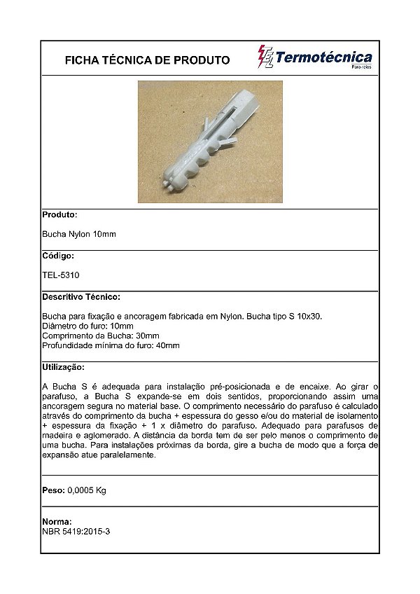 Bucha Nylon Diam. 10Mm Tel-5310 Termotécnica