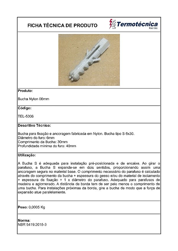 Bucha Nylon Diam. 6Mm Tel-5306 Termotécnica