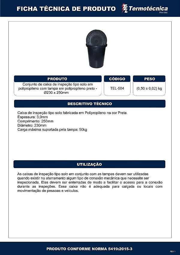 Caixa Com Tampa Em Pp Diam 250 X 230 Mm Tel-504 Termotécnica