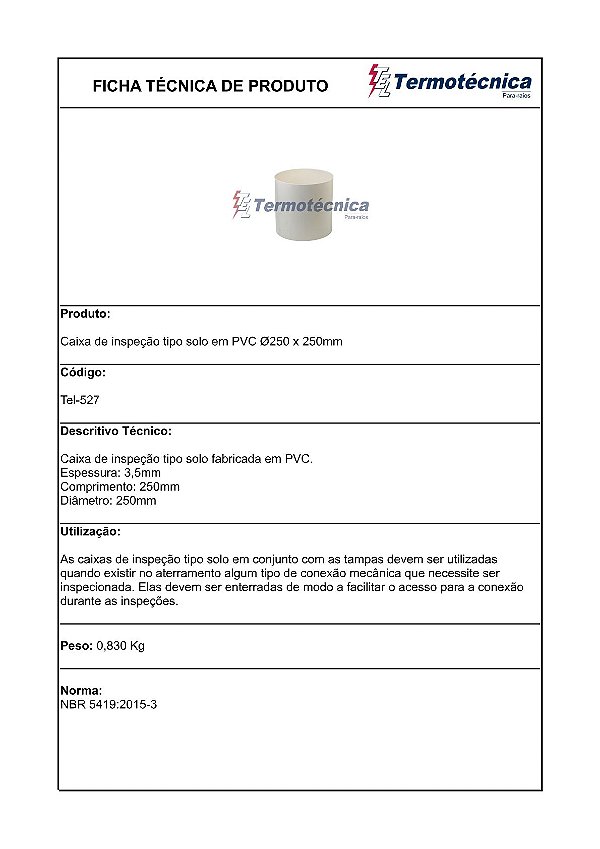 Caixa De Inspecao Em Pvc Diam 250Mm X 250Mm Comprimento Tel-527 Termotécnica