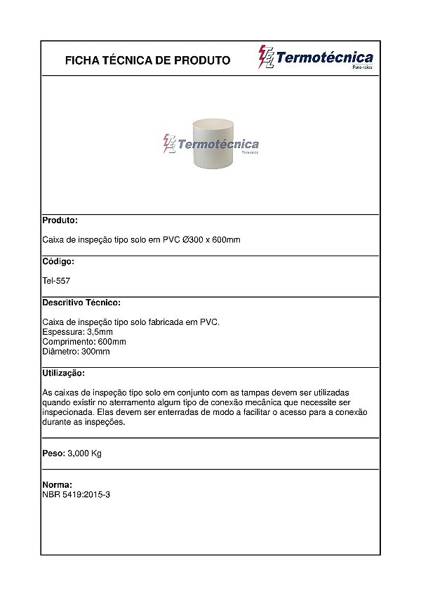Caixa De Inspecao Pvc Diam 300Mm X 600Mm Altura Tel-557 Termotécnica