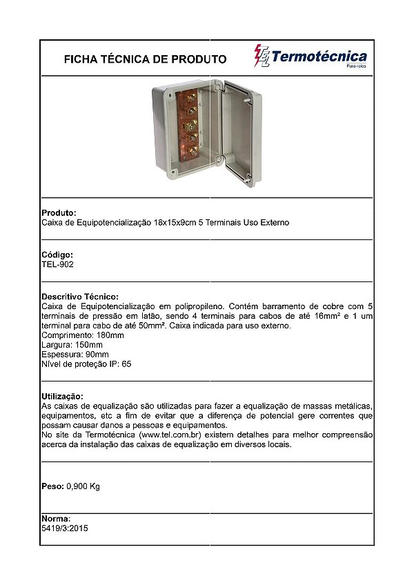 Caixa Equipotencializacao 18 X 15 X 9Cm – 5Terminais Uso Externo Tel-902 Termotécnica
