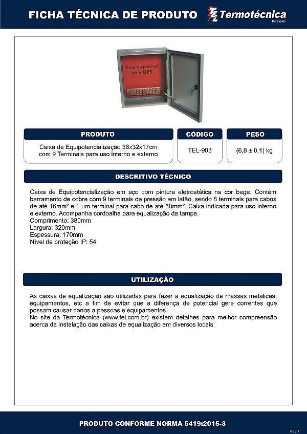 Caixa Equipotencializacao 38 X 32 X 17Cm – 9Terminais Uso Externo Tel-903 Termotécnica