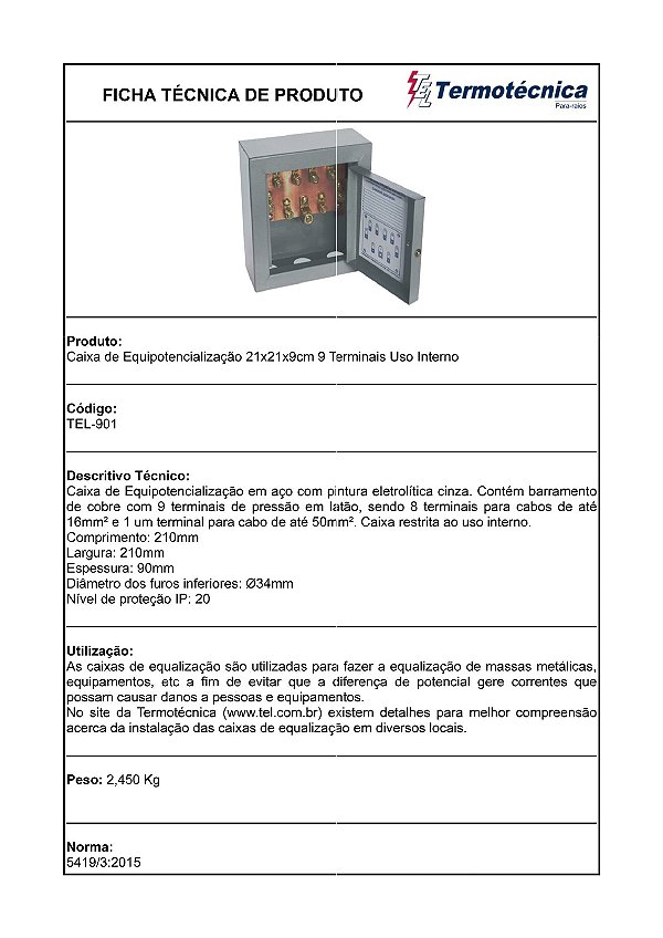 Caixa Equipotencializacao Tel-901 210 X 210 X 90 Mm – Incluso 9 Terminais E Barramento De Cobre 152 X 93 X 6,35 Mm - Uso