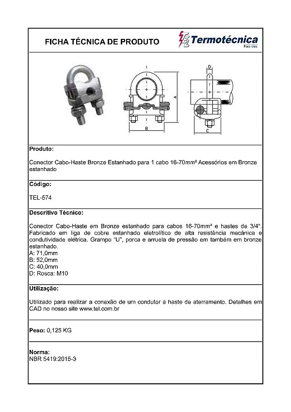 Conector Cabo-Haste Em Bronze Estanhado P/ 1 Cabo Com Acessorios Em Bronze Estanhado 16 – 70Mm2 Tel-574 Termotécnica