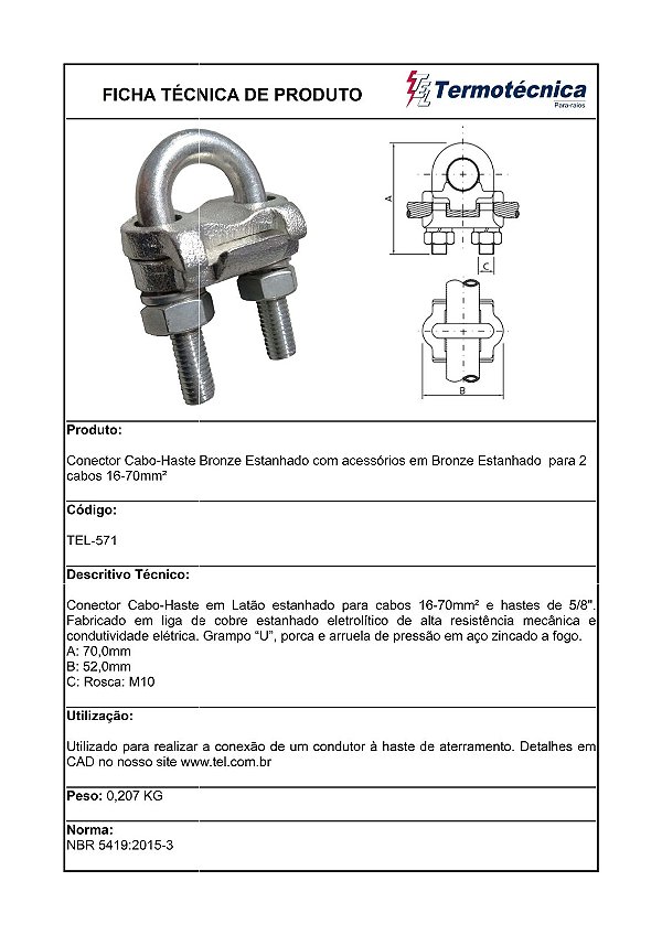 Conector Cabo-Haste Em Bronze Estanhado P/ 2 Cabos Com Acessorios Em Bronze Estanhado 16 – 70Mm2 Tel-571 Termotécnica
