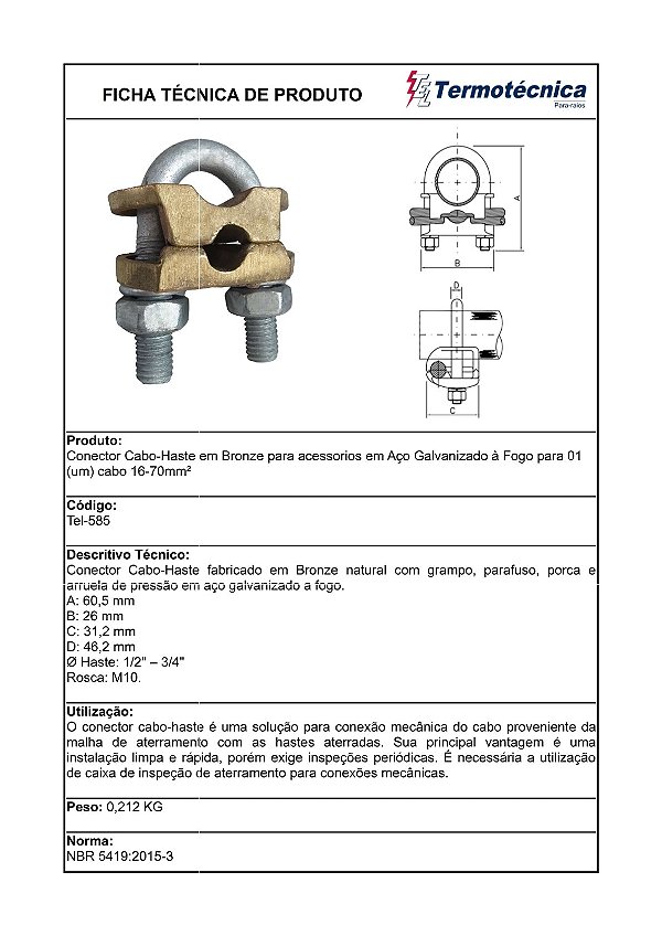 Conector Cabo-Haste Em Bronze P/ 1 Cabo Com Acessorios Em Aco Galv. A Fogo 16–70Mm2 Tel-585 Termotécnica