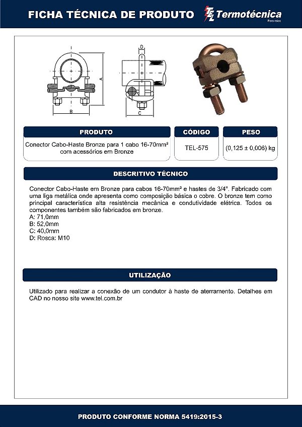 Conector Cabo-Haste Em Bronze P/ 1 Cabo Com Acessorios Em Bronze 16 – 70Mm2 Tel-575 Termotécnica