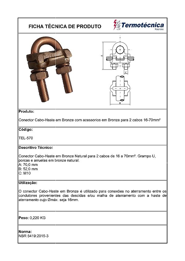 Conector Cabo-Haste Em Bronze P/ 2 Cabos Com Acessorios Em Bronze 16 – 70Mm2 Tel-570 Termotécnica