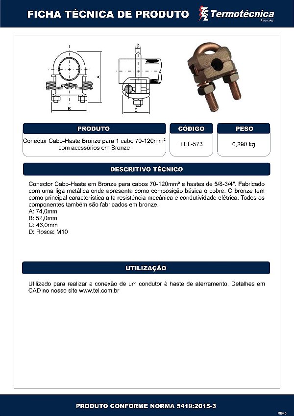 Conector Cabo-Haste Em Bronze Para 1 Cabos Com Acessorios Em Bronze 70–120Mm2 Tel-573 Termotécnica