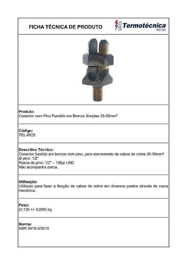 Conector Com Pino 1/2 Fundido Em Bronze 35 – 50Mm2 Tel-6625 Termotécnica