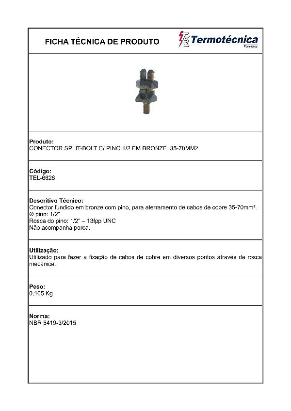 Conector Com Pino 1/2 Fundido Em Bronze 35 – 70Mm2 Tel-6626 Termotécnica